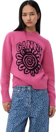 Ganni Pink Flower Graphic O-neck Pullover Sweater in Cone Flower Size 2XS Womens