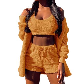 Generic Womens Fuzzy Pajamas Set Sexy Fleece 3 Piece Outfits Sweatsuit Long Sleeved Fluffy Hooded Jacket Soft Open Front Cardigan and Wide Legs Pants Shorts W