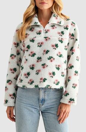 All in Favor Floral High Pile Fleece Half-Zip Pullover in Cream Pink at Nordstrom Rack, Size X-Small