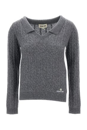Shushu/Tong Grey V-Neck Chelsea Collar Cable Knit Wool-Lyocell Sweater