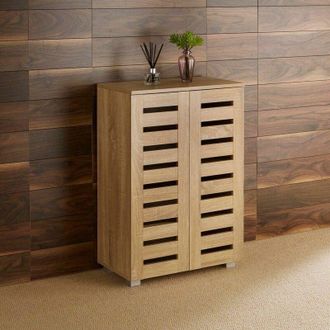 Home Source Industries Home Source - Oslo 2 Door Oak Wooden Shoe Storage Cabinet Rack Stand Cupboard Slatted Doors