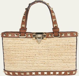Valentino Garavani Mini Rockstud Viscose Raffia Top-Handle Bag