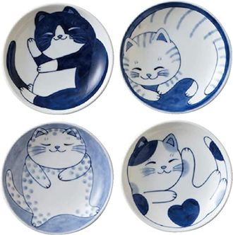 OEM Juego De 4 Platos Peque&ntilde;os De Cer&aacute;mica Japonesa Con Bonitos Motivos De Gatos, Ideales Para Aperitivos, Postres, Sushi Y Salsas. Dimensiones: 3,3 X 0,9
