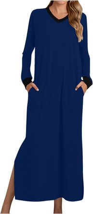Generic Womens Long Nightgown Cotton Baggy Nightdress Plus Size Nightshirt Long Sleeve V Neck Sleep Dress Casual Sleepwear Lightweight Soft Color Block Split 