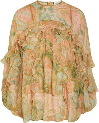 Zimmermann Luna Flutter Paisley Ruffled Silk Blouse - Sage - 4 (UK 16 / XL)