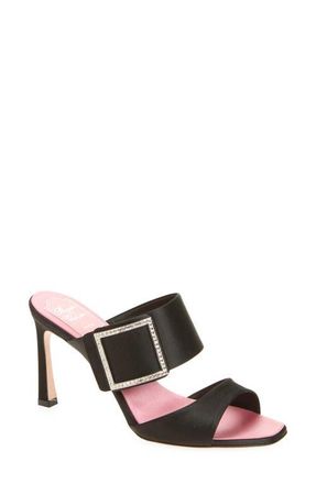 Roger Vivier Trompette Crystal Buckle Satin Sandal in Nero at Nordstrom, Size 9.5Us