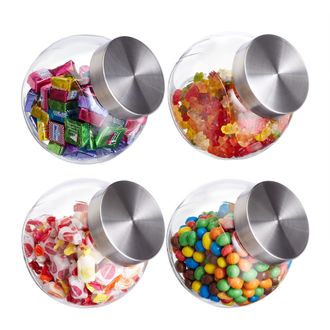 Relaxdays 12 Botes Para Chuches, 1,5 L, Recipientes Para Alimentos, Cristal & Acero Inoxidable, Con Tapa, Chucher&iacute;as, Transparente