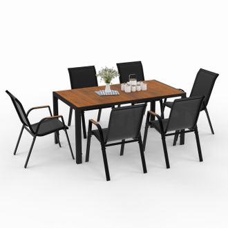 IDMarket Set Di Mobili Da Giardino Noumea - Tavolo Da 150 Cm Con Piano In Vetro Temperato Effetto Legno E 6 Sedie Impilabili In Legno E N