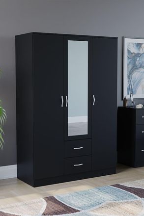 Home Discount Vida Designs Riano 3 Door 2 Drawer Mirrored Wardrobe Storage Organizer in Black