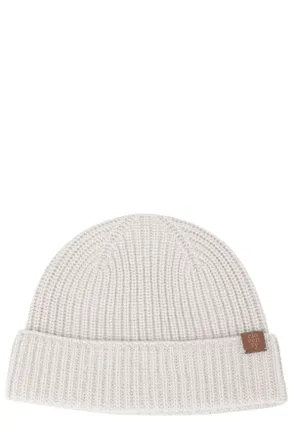 Eleventy Ribbed Cashmere Beanie with Folded Cuff and Logo Patch