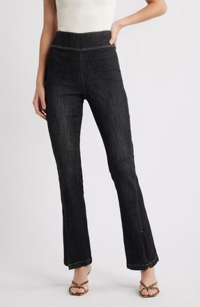 Hue Crosshatch Slit Hem Denim Leggings in Black at Nordstrom, Size X-Large