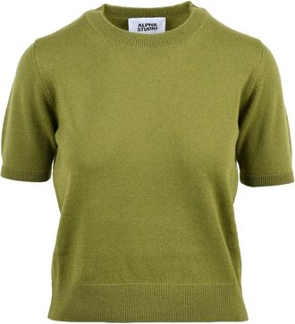 Alpha Studio Fitted Short-Sleeve Wool Sweater In Pistachio Green