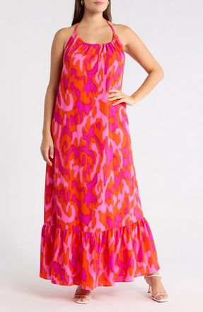 Sugarlips Charly Abstract Solita Halter Maxi Dress in Org-Fuchsia at Nordstrom, Size 2 X