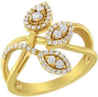 House of Brilliance 10K Yellow Gold 1/2 Cttw Diamond Layered Crossover Triple Leaf Bypass Ring at Nordstrom, Size 9