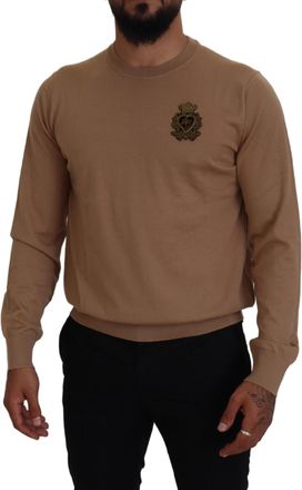 Dolce & Gabbana Mens Crew Neck Sweater Beige Emblem - Tan Cashmere - Size EU 48 (Mens)
