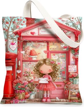 Generic ValentineS Day Floral Canvas Tote Bags, Adorable Heart Print Reusable Grocery Bags, Lightweight Washable Shoulder Strap Ca, Peach, 13x15 Inch