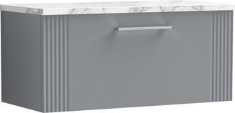 Balterley Balterley - Retro 1 Drawer Wall Hung Vanity Unit with Carrera Marble Laminate Worktop - 800mm - Satin Grey