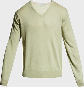Neiman Marcus Men & apos;s Extra Lightweight Wool-Cashmere V-Neck Sweater