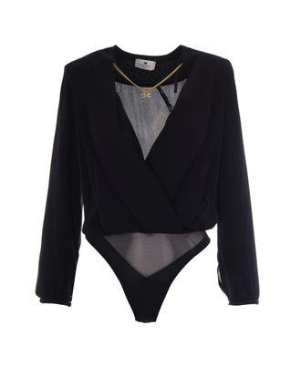 Elisabetta Franchi Long-Sleeved Georgette Bodysuit with Structured Shoulders and Pleated Detailing