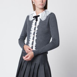 Self Portrait Cardigan in lana con colletto in pizzo grigio