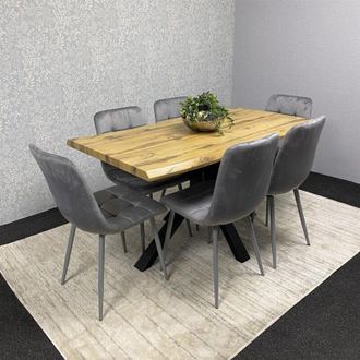 Kosy Koala Wooden Brown Dining Table with 6 Grey Velvet Chairs, Stylish Dining Room Furniture