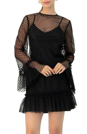 Ivonne Flocked Polka Dot Short Dress with Wide Long Sleeves in Black at Nordstrom, Size 12