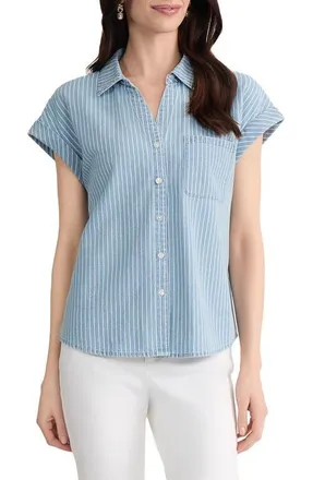 Jones New York Stripe Cotton Button-Up Shirt in Medium Wash/white at Nordstrom, Size X-Large P