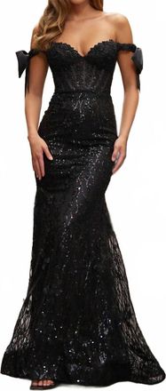 Sherri Hill Sequin Lace Off The Shoulder Fitted Gown In Black