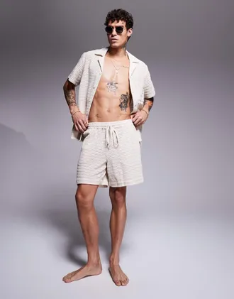 South Beach textured knit beach shorts in cream-White