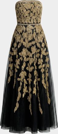 Mac Duggal Floral Embellished Mesh Strapless A-Line Gown