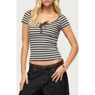 Edikted Emberly Stripe Raglan Crop Top in Light-Blue at Nordstrom, Size X-Large