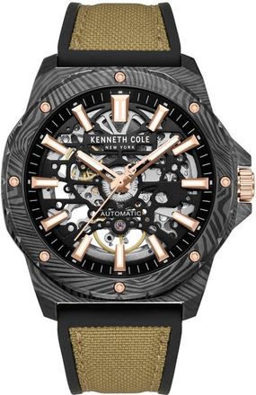 Kenneth Cole The Hollis Skeleton Automatic Silicone & Nylon Strap, 45mm in Tan /Brown Light at Nordstrom