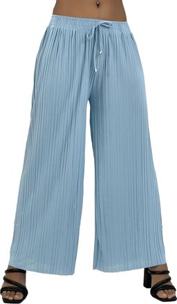 Generic Womens New Pleated Wide Leg Classic Look Palazzo Trousers Elasticated Waist Plisse PDrawstring Front Pants (UK, Alpha, L, XL, Regular, Regular, Sky BK