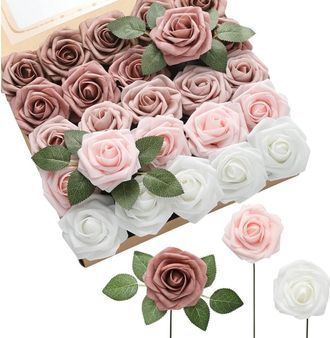 OEM 50 Rosas Artificiales De Color Beige Degradado, Rosas De Espuma Realistas Con Tallos, Ideales Para Ramos De Novia Y Decoraci&oacute;n De Mesas