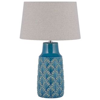 Beliani L&aacute;mpara De Mesilla De Noche Cer&aacute;mica Azul Marino Y Gris 55 Cm Patr&oacute;n De Hojas Tradicional Thaya