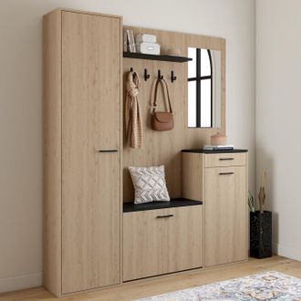 IDMarket Mahaut Armario Zapatero De Pasillo Xxl De Gran Capacidad Efecto Madera Y Negro Con Espejo Y Estantes