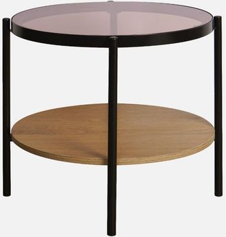 Sweeek Sweeek - Mesa auxiliar redonda de cristal templado efecto madera y metal negro, Smooky, Natural, 52x52x45 cm