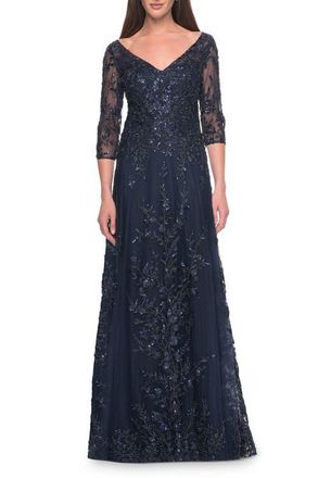 La Femme Stunning Evening Gown with Lace Beaded Design in Navy at Nordstrom, Size 14