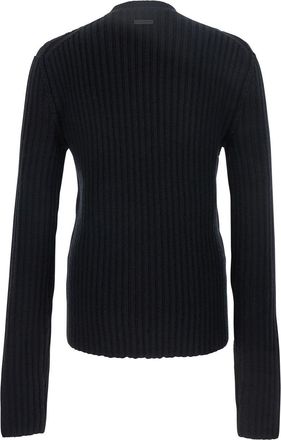 Dolce & Gabbana Mens Black Ribbed Knit Crewneck Sweater With Logo Patch Virgin Wool Tops Top