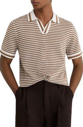 Reiss Carlford Stripe Pointelle Stitch Knit Polo in Camel/off White at Nordstrom, Size X-Large