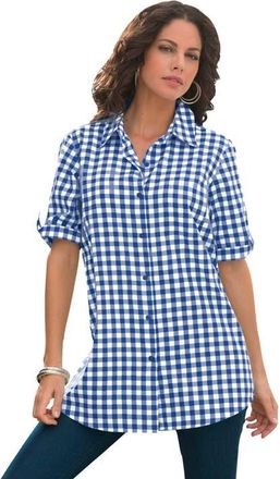 Roaman's Tie Sleeve Button Down Shirt in Rich Blue Check at Nordstrom, Size 26