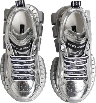 Dolce & Gabbana Womens Silver Leather Super Queen Sneakers Shoes Calfskin Viscose