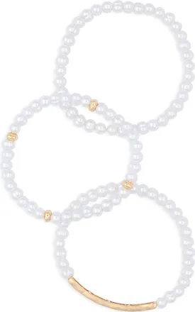 Nordstrom Rack Set of 3 Faux Pearl Beaded Stretch Bracelets in White- Gold at Nordstrom Rack