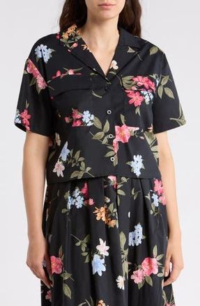 Ellen Tracy Cotton Poplin Camp Shirt in Black Garden Floral at Nordstrom Rack, Size X-Small