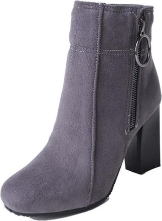 Generic Womens Ankle Boots Suede Leather Side Zip O-Ring Detail Block Heels Round Toe Comfortable Non Slip Durable for Daily Wear Party Street Fashion,Grey,7.