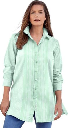 Roaman's Kate Long-Sleeve Crisp Cotton-Blend Button-Front Tunic in Mint White Stripe at Nordstrom, Size 22