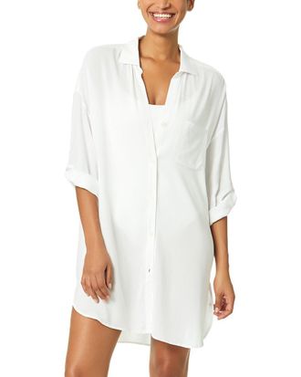 Anne Cole Mid Length Shirttail Button Down Top