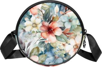 Generic Circle Crossbody Bag for Women, Floral Leaves Small Sling Bag Daypack with Zipper Adjustable Shoulder Straps Casual Ladies Girls Round Purse