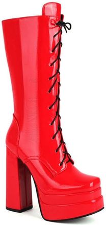 Generic Womens Fashion Stacked Platform Square Toe Chunky Heel Mid Calf Boots Lace Up Winter Goth Shoes for Party and Nightclub (7.5,Red)