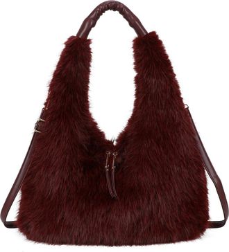 Generic Womens Fluffy Faux Fur Hobo Shoulder Bag with Detachable Long Strap - Soft Plush Handbag with Top Zip Closure, Inner Zipped Pocket & Gold Tone Hardwar